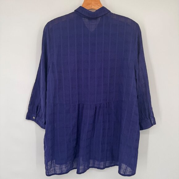 J JILL woman's blouse tunic sheer plaid ruffle hem size large cotton top blue - Picture 7 of 11